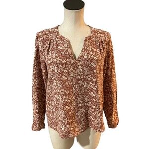 Pact Organic Cotton Long Sleeve Rust Floral Print Top Blouse size S Peasant